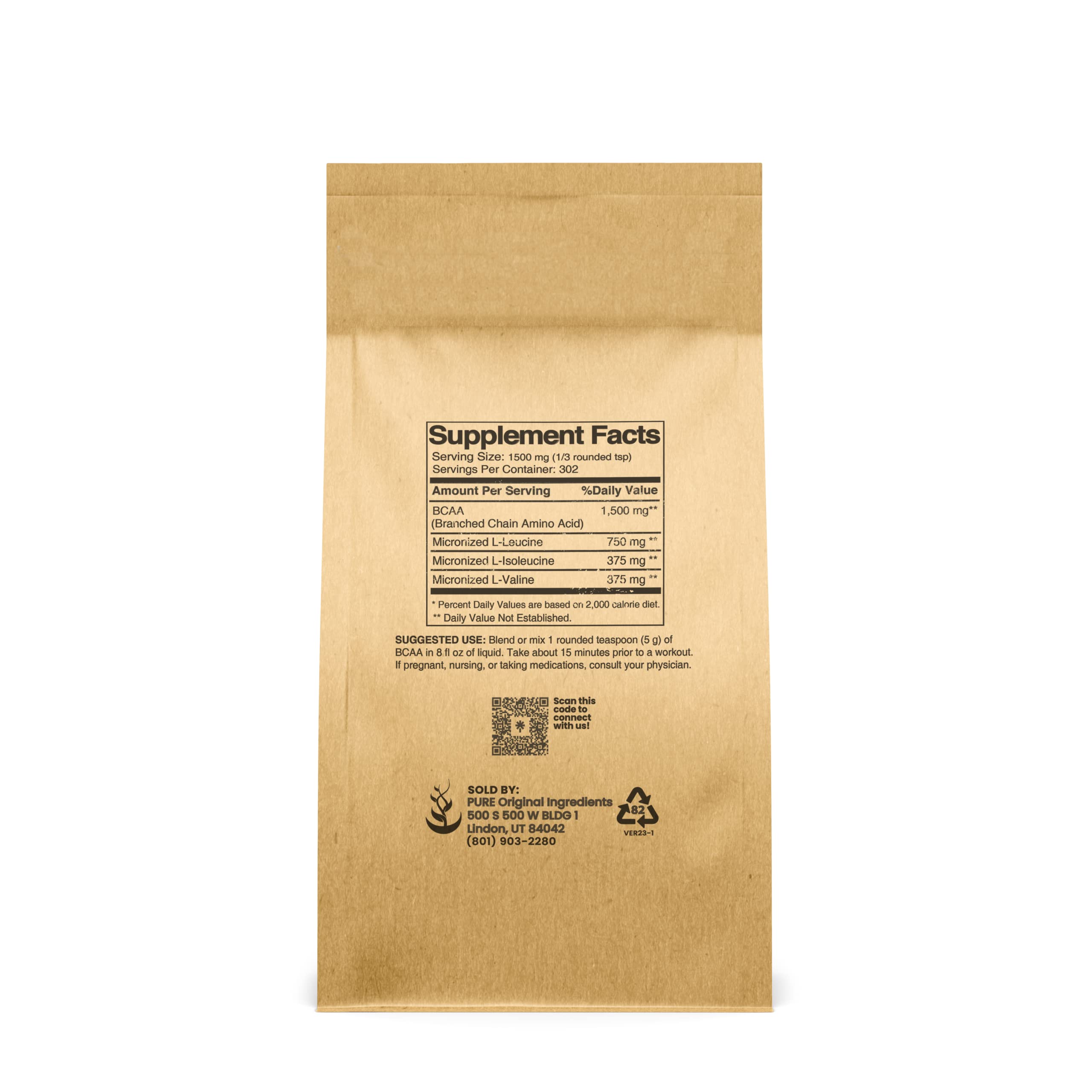 Back label showing ingredients and nutrition information for Pure Original BCAA Powder 1lb