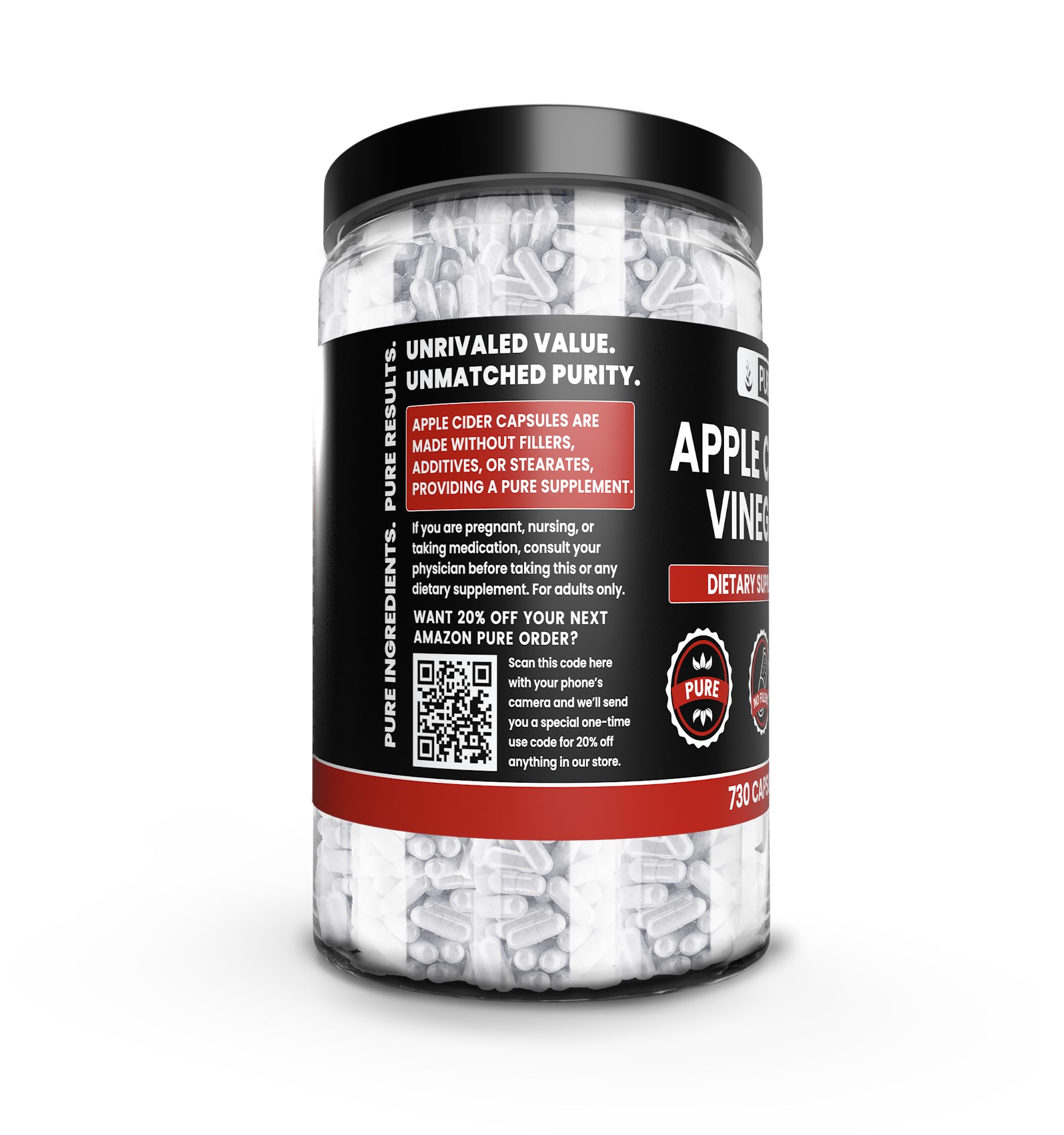 Close-up of single-ingredient Apple Cider Vinegar capsules