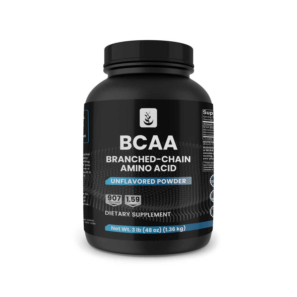 Front view of PURE ORIGINAL INGREDIENTS BCAA Powder 3 lb tub, unflavored