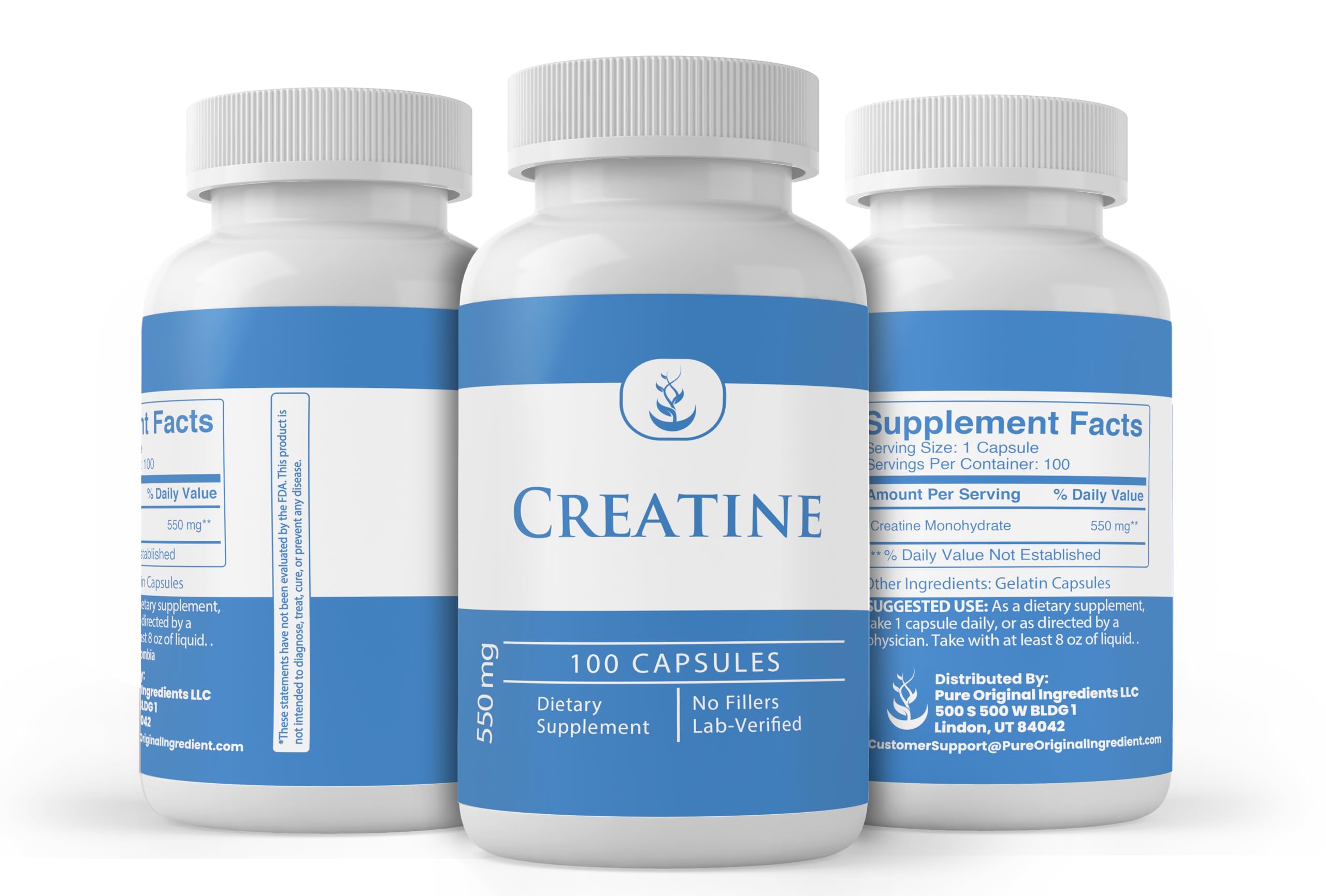 PURE ORIGINAL INGREDIENTS lab-verified seal on Creatine packaging for trust