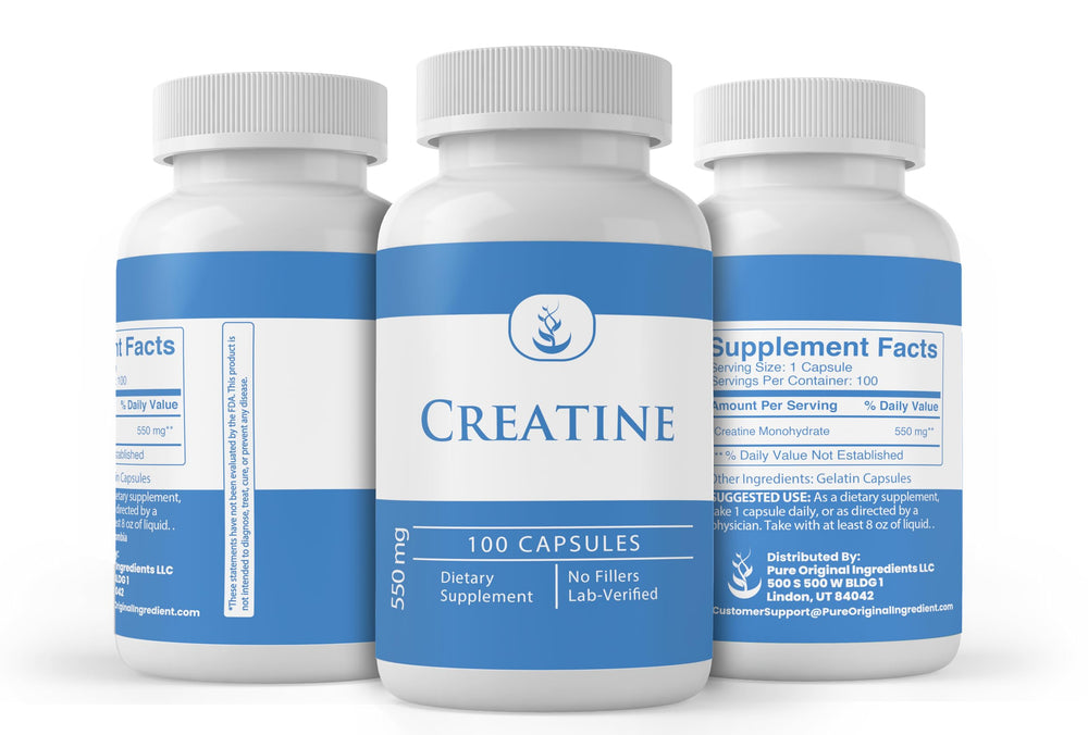 PURE ORIGINAL INGREDIENTS lab-verified seal on Creatine packaging for trust