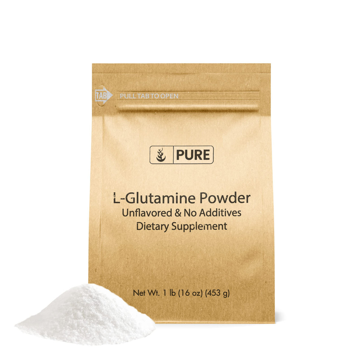 Pure Original Ingredients L-Glutamine powder bottle shows pure, single-ingredient formula.