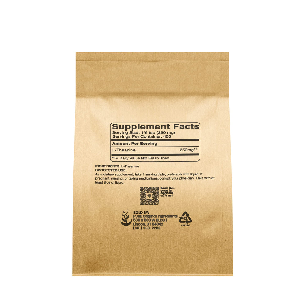PURE ORIGINAL INGREDIENTS L-Theanine powder closeup reveals pure texture for mindful support