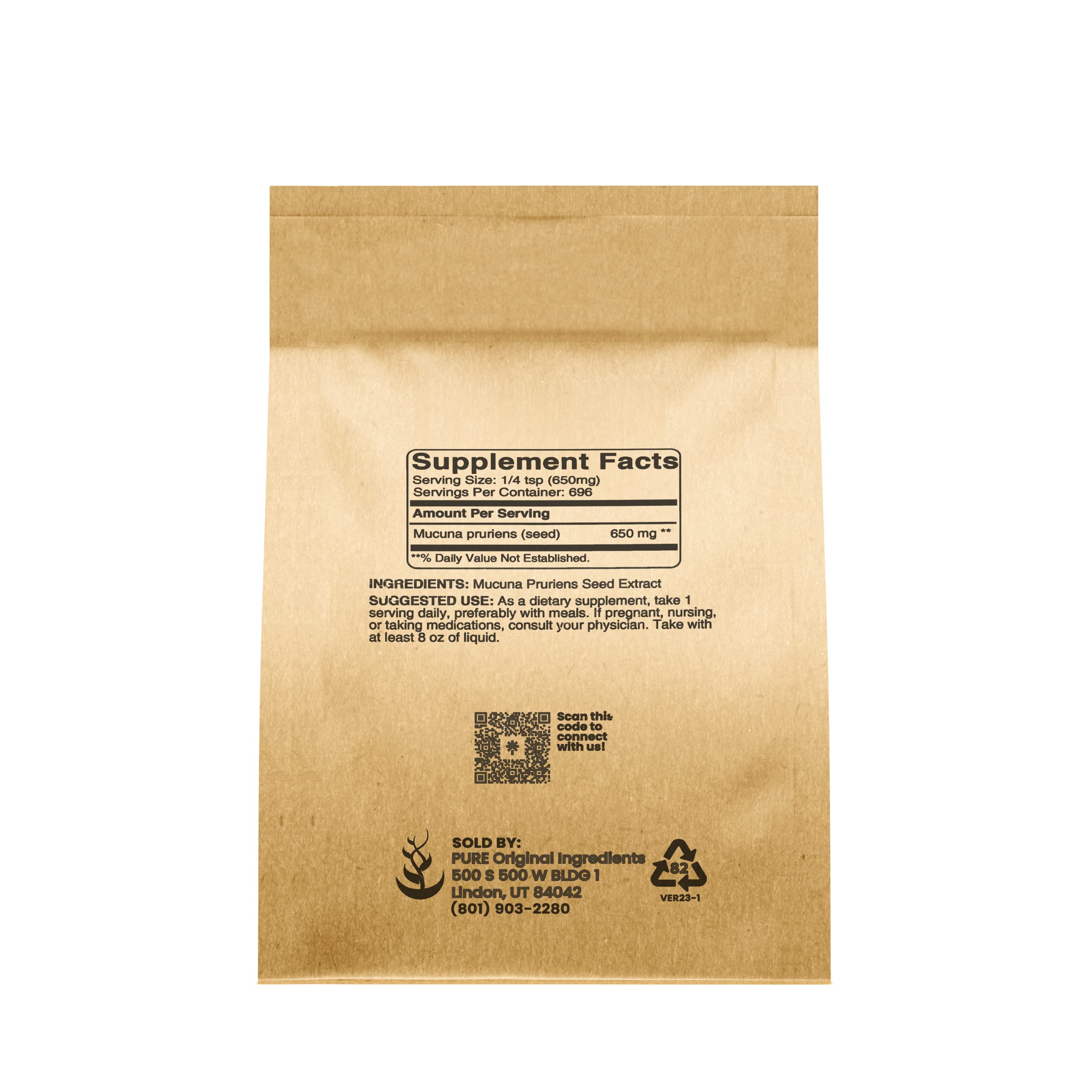 Mucuna Pruriens powder packaging showing Pure Original Ingredients label