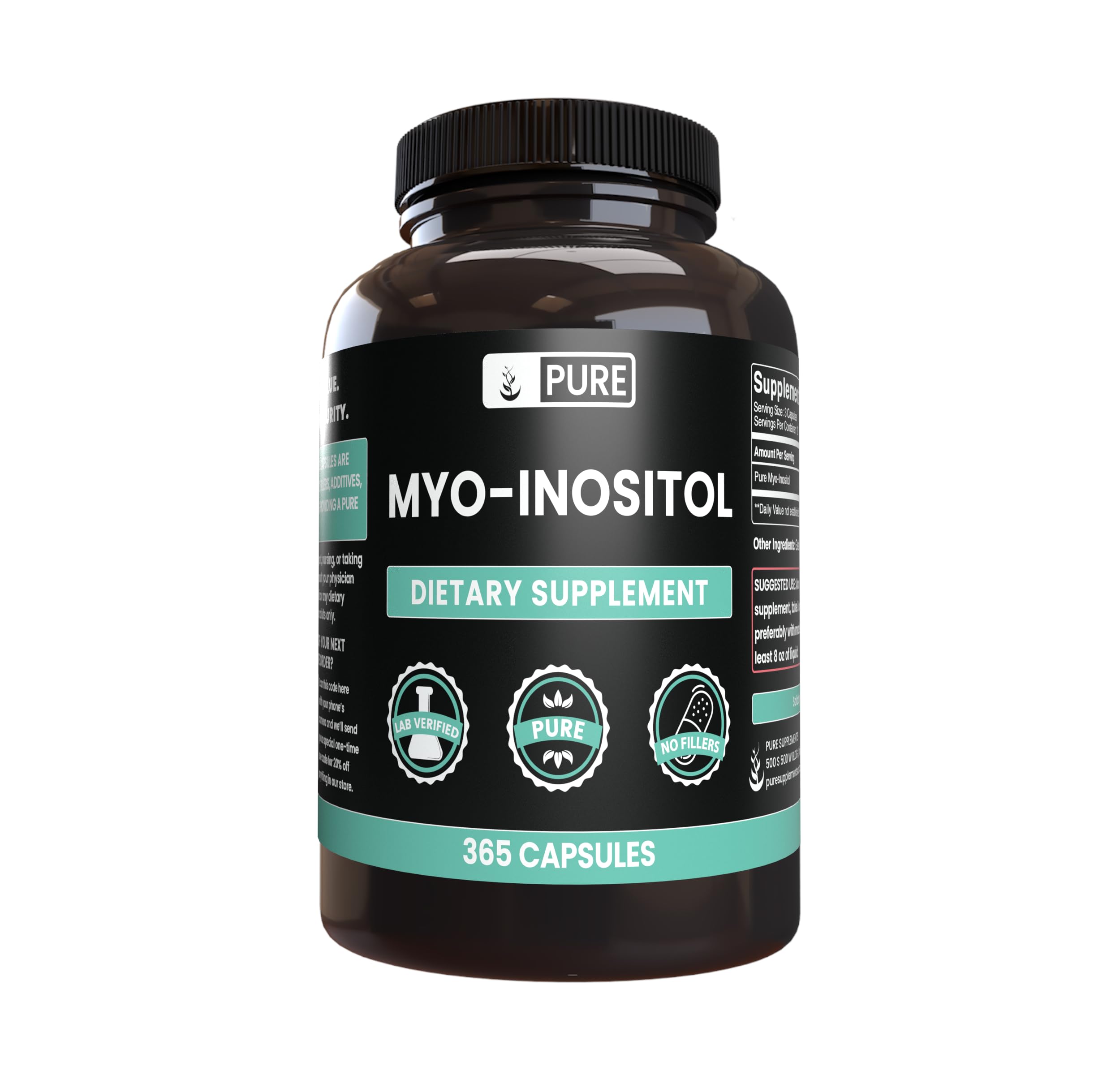 Product hero image showing Pure Original Ingredients Myo-Inositol 365 capsules