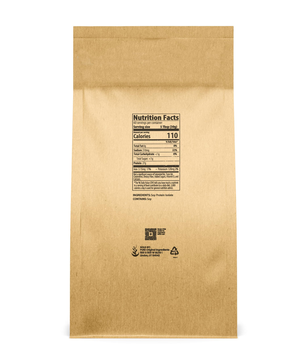 PURE ORIGINAL INGREDIENTS Soy Protein Isolate powder in a shaker for quick, protein-rich drinks.