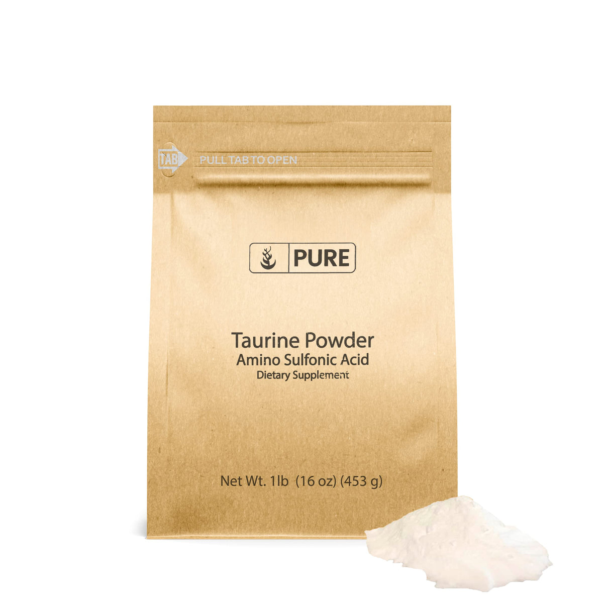 PURE ORIGINAL INGREDIENTS Taurine Powder bottle close-up highlighting purity and additive-free supplement.