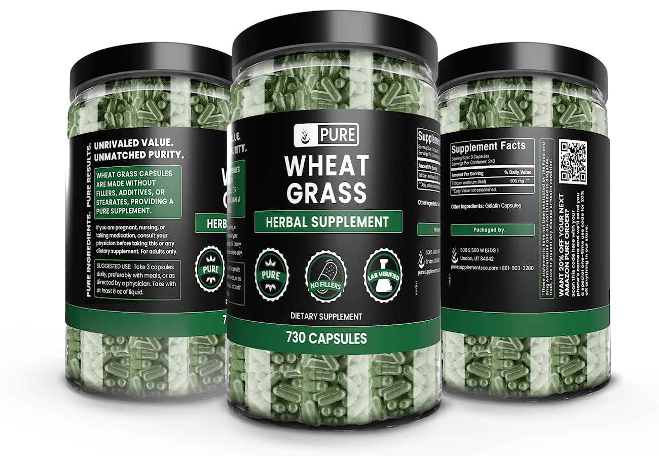 Wheat Grass capsules product close-up showing 730-count