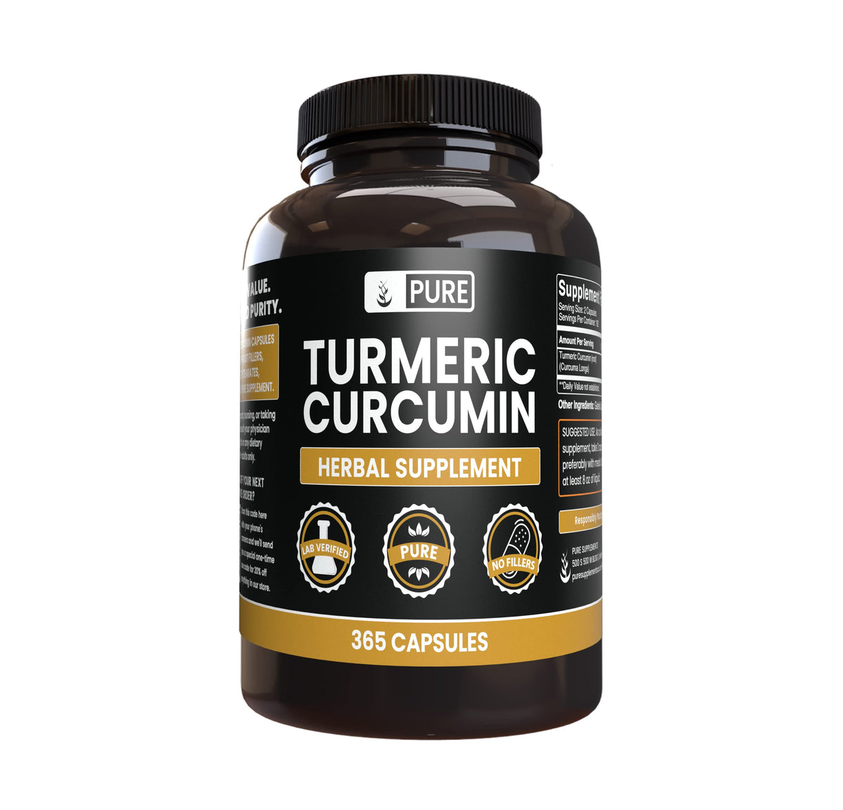 Bottle of Pure Original Turmeric Curcumin 365 Capsules