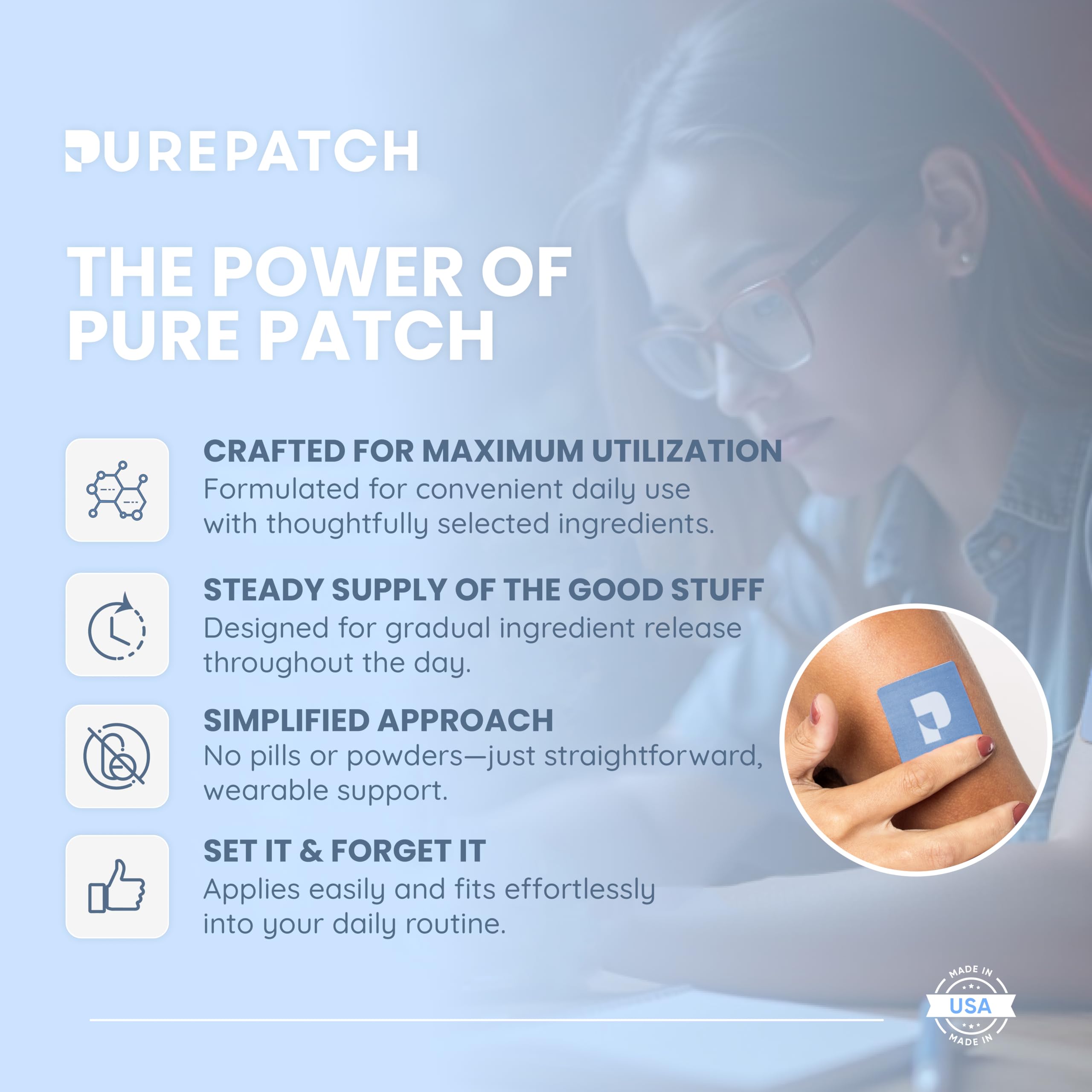Pure Patch Focus gluten-free badge on packaging for dietary considerations.