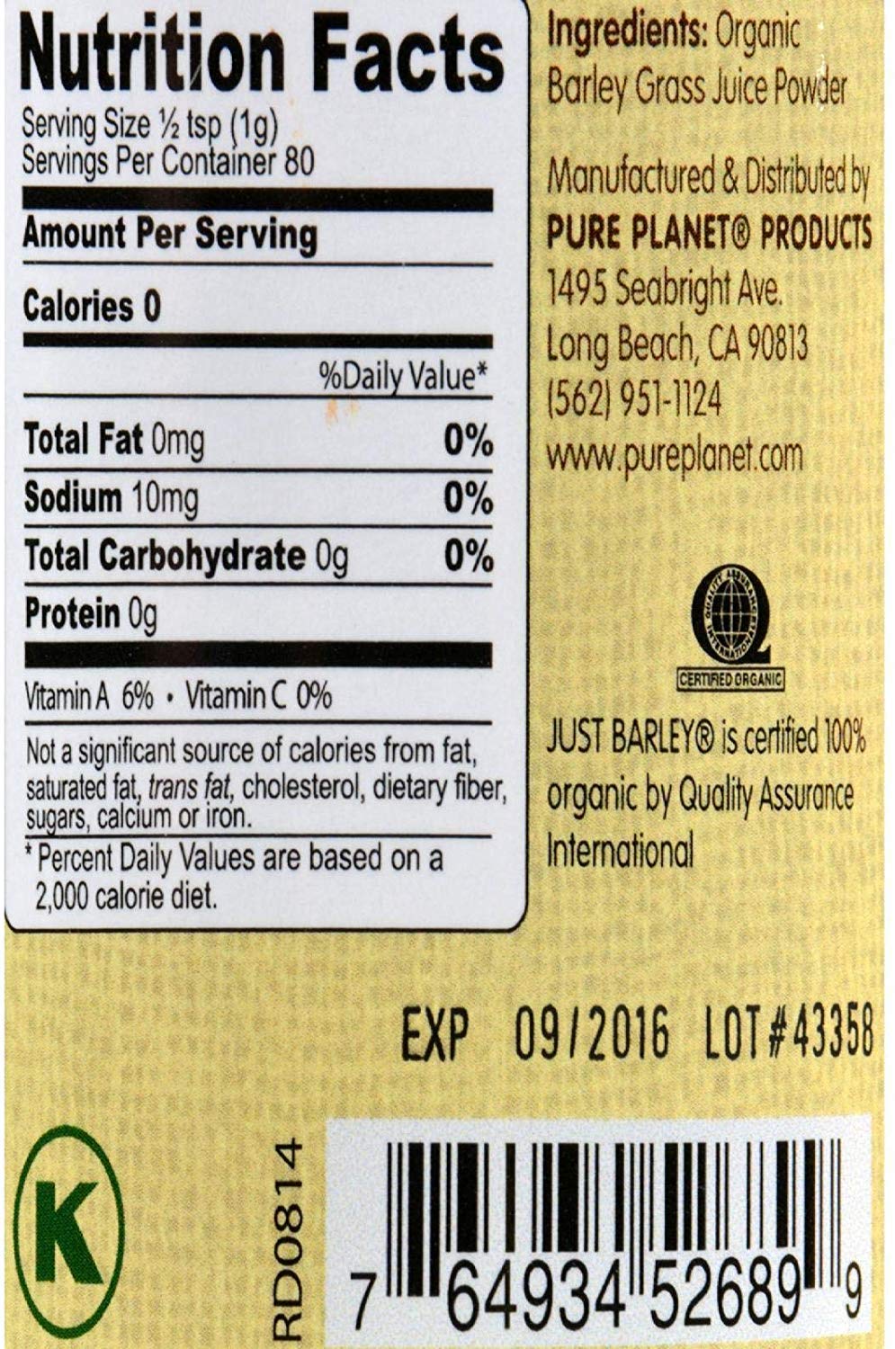 Pure Planet Organic Just Barley 80 g powder – packaging and powder