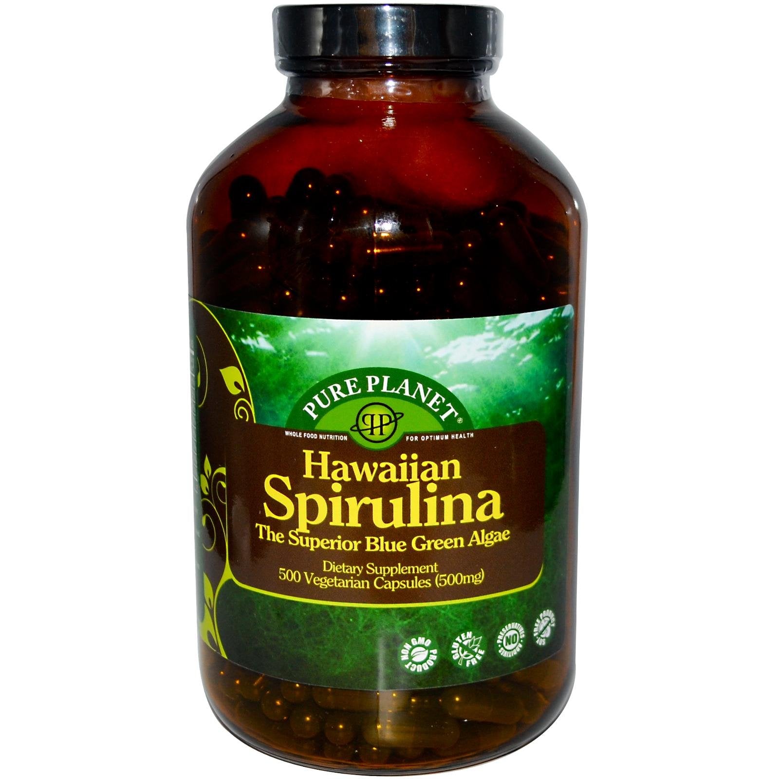 Front view of Pure Planet Spirulina 500 mg bottle showing 500 capsules