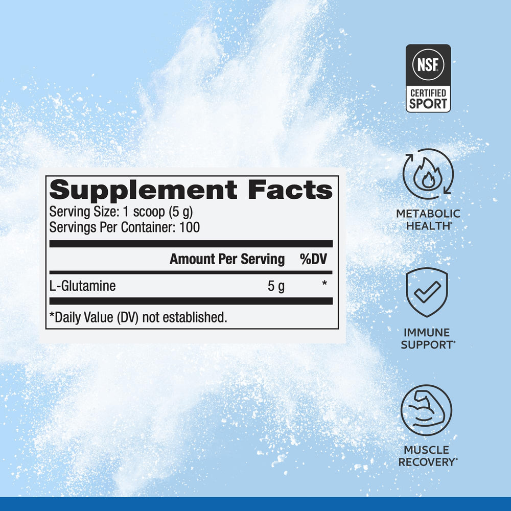 Close-up of ingredients panel on L-Glutamine jar