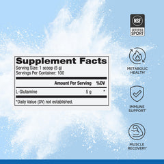 Close-up of ingredients panel on L-Glutamine jar