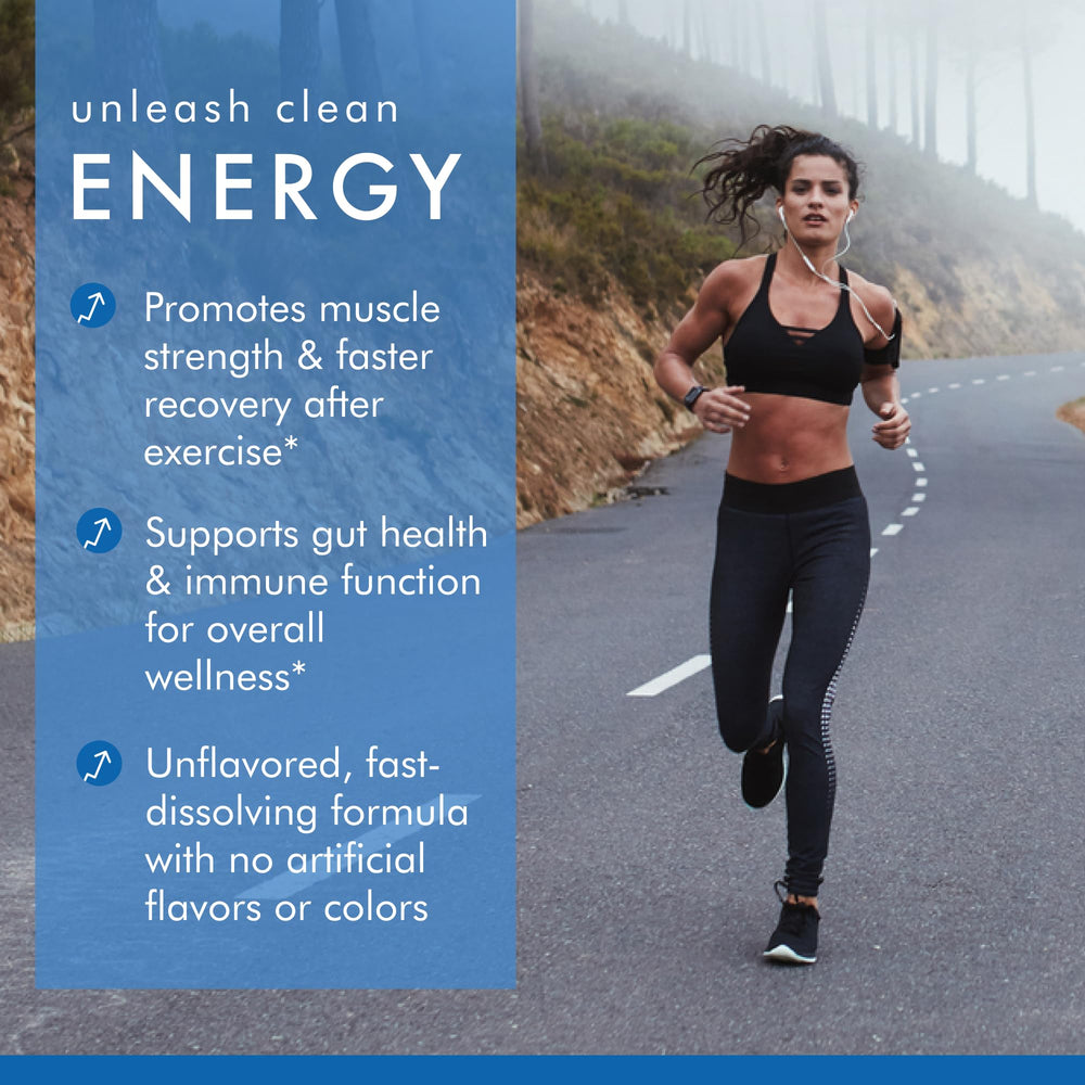 Serving scoop next to Pure Power L-Glutamine jar with 100 servings