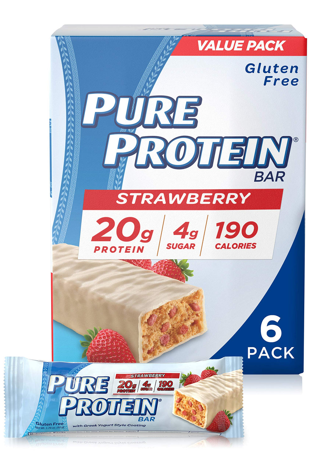 Pure Protein bar strawberry Greek yogurt pack shot shows convenient on-the-go energy