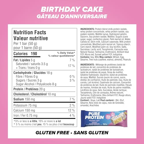 Pure Protein birthday cake bar unwrap—quick protein boost on the go.
