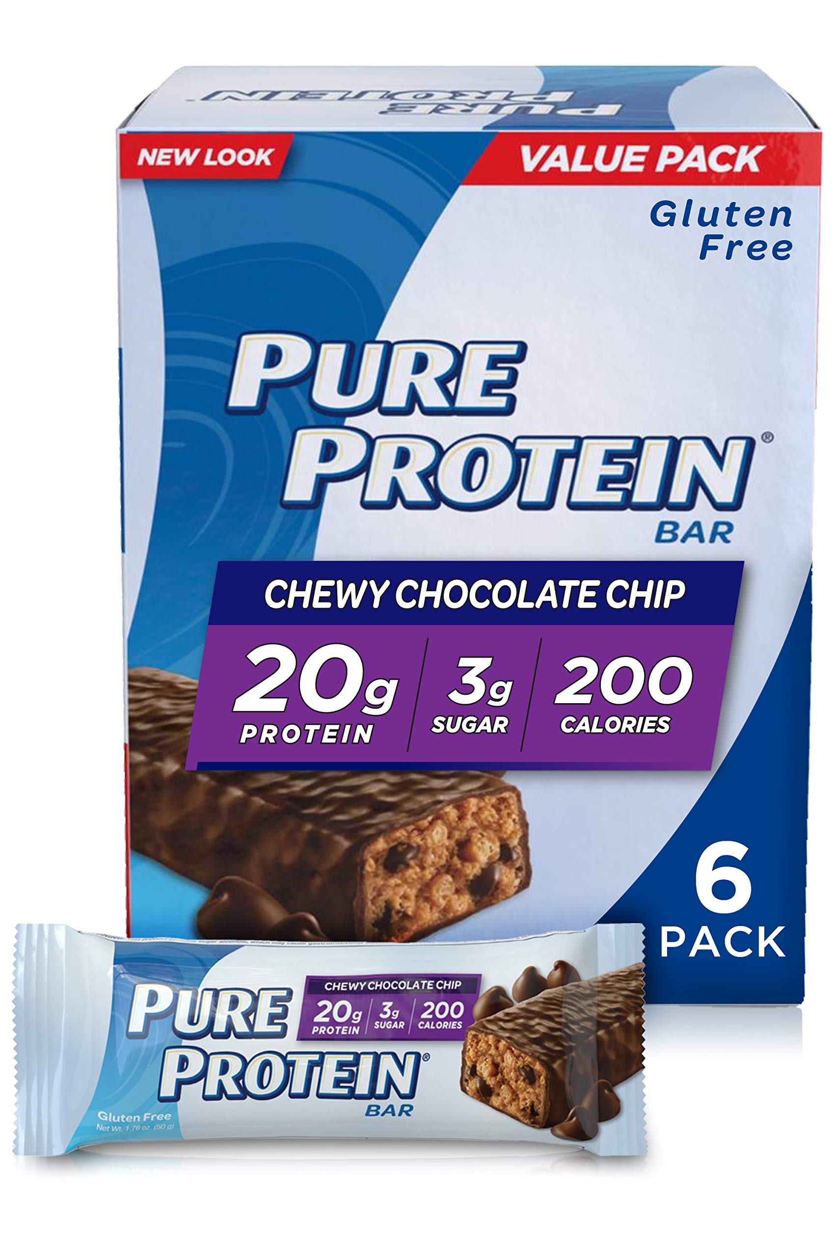 Pure Protein Chewy Chocolate Chip bar front view shows a protein-packed snack.