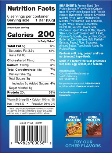 Pure Protein Chewy Chocolate Chip bar ingredients panel emphasizes protein and gluten-free goodness.
