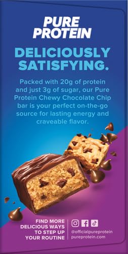 Pure Protein Chewy Chocolate Chip bar with glass of water supports quick nourishment.