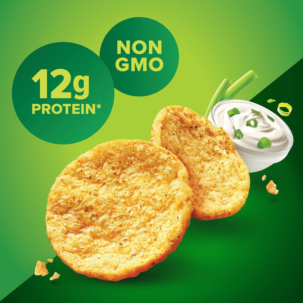 Gluten-free and non-GMO Pure Protein Popped Crisps labeling supports dietary options.