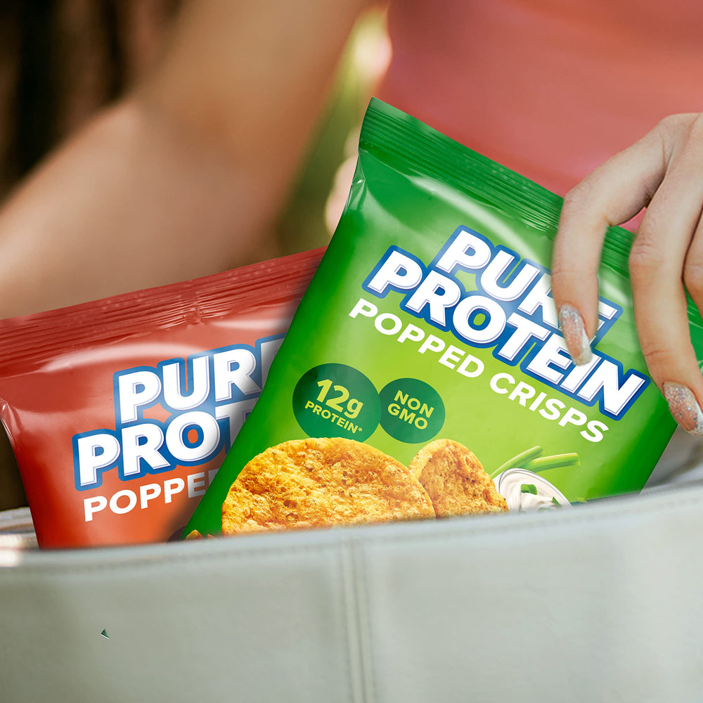 Two-flavor display from Pure Protein Popped Crisps offers snack variety and texture contrast.