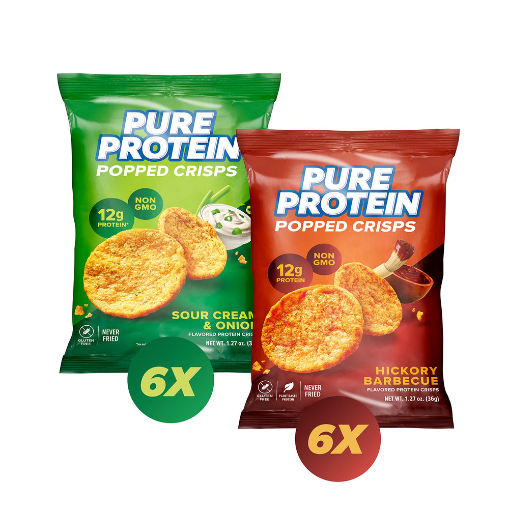 Box of Pure Protein Popped Crisps Variety Pack with 12 single-serve bags