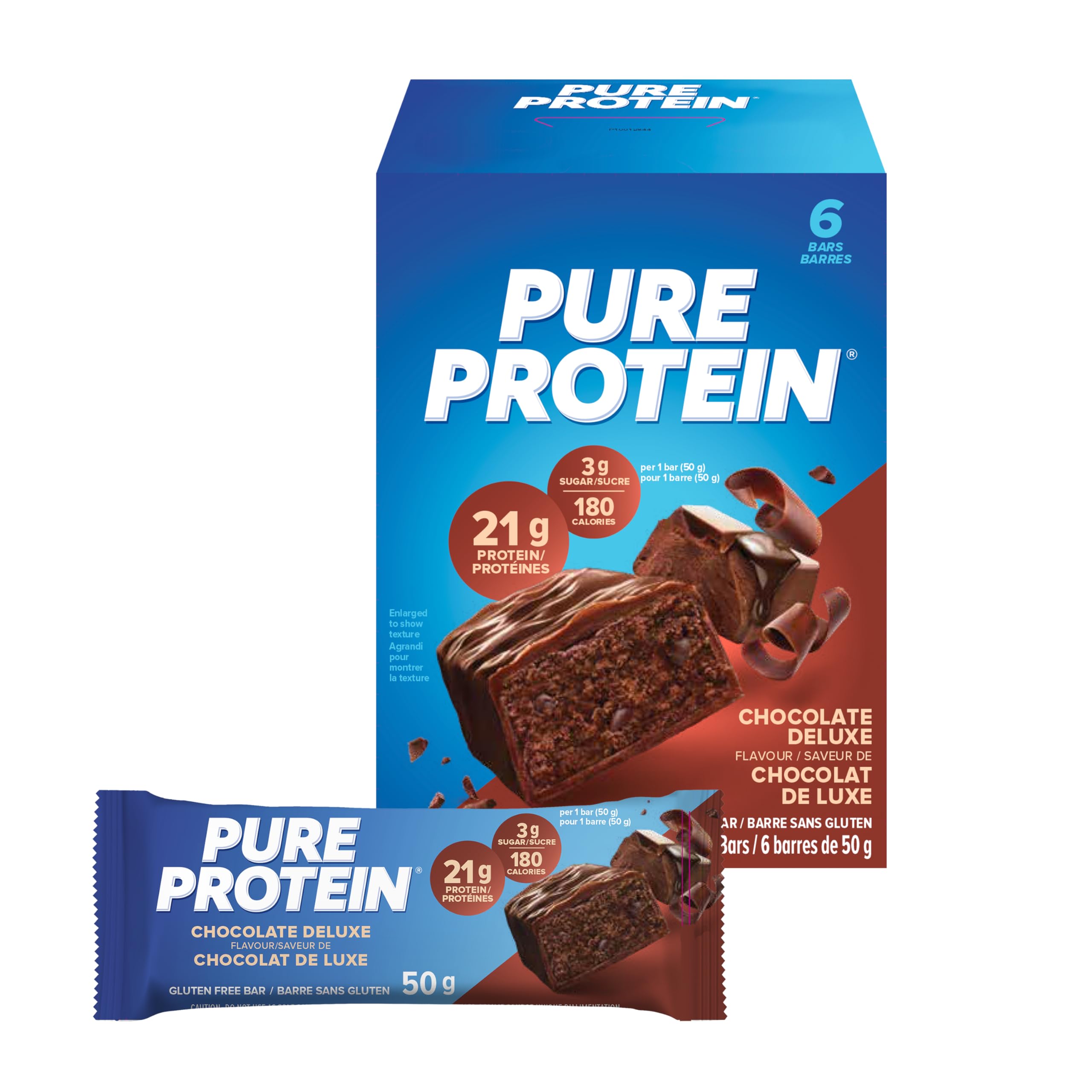 Pure Protein gluten-free chocolate bars pack on kitchen counter for quick protein.
