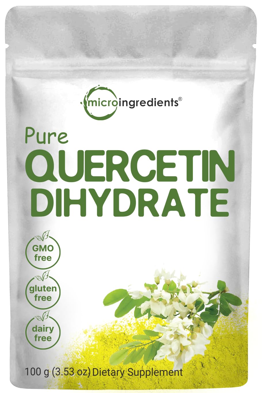 Jar of pure quercetin dihydrate powder, 100g, 500mg per serving.