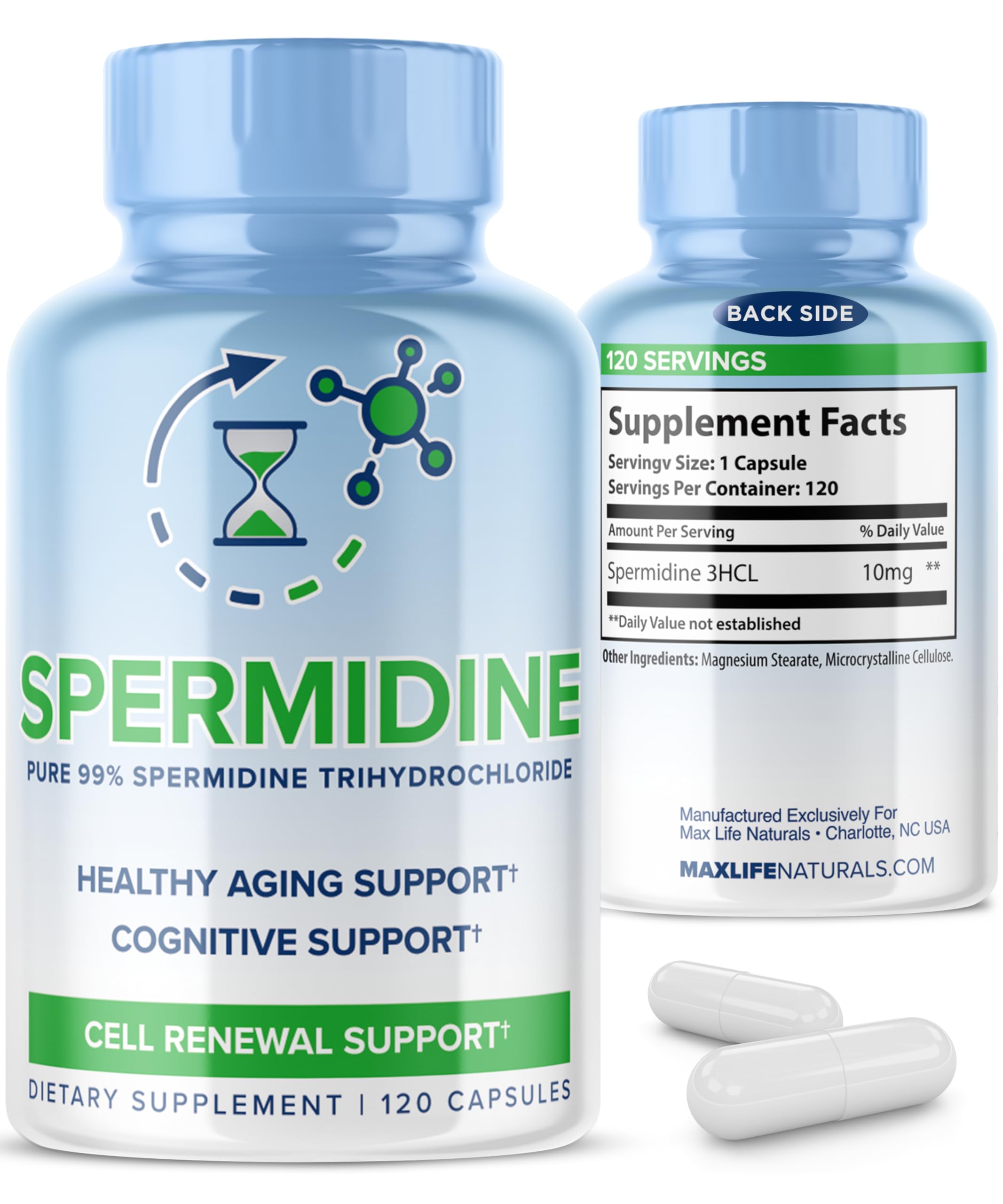 Bottle of pure spermidine 3HCL 10mg with 120 capsules