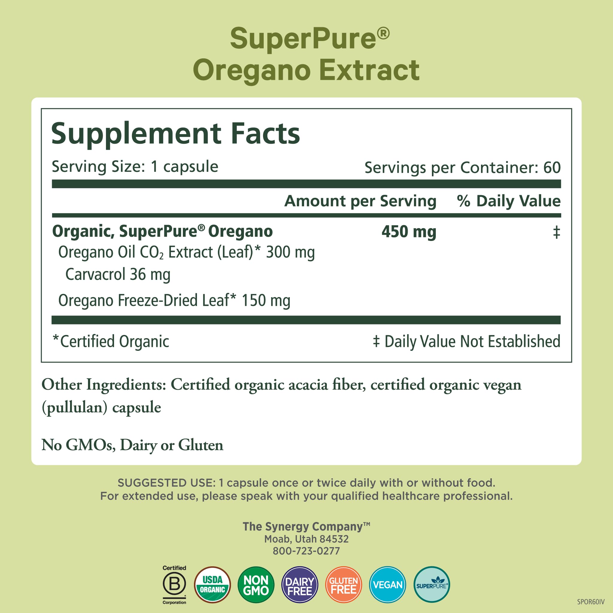 Close-up of oregano oil extract capsules label