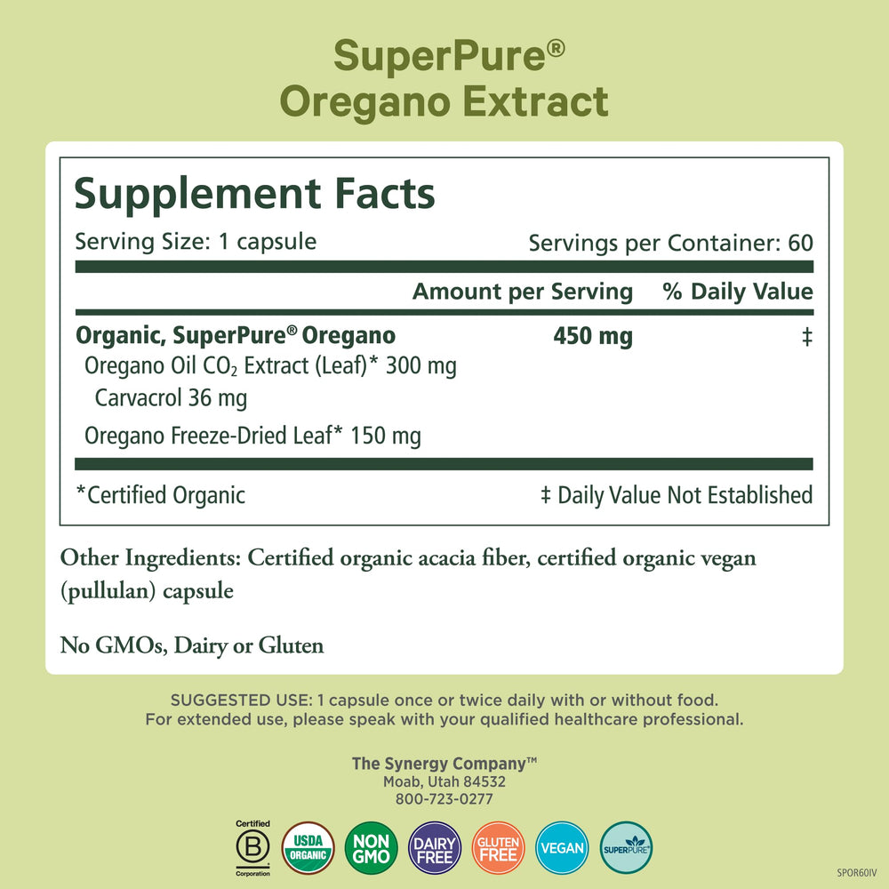 Close-up of oregano oil extract capsules label