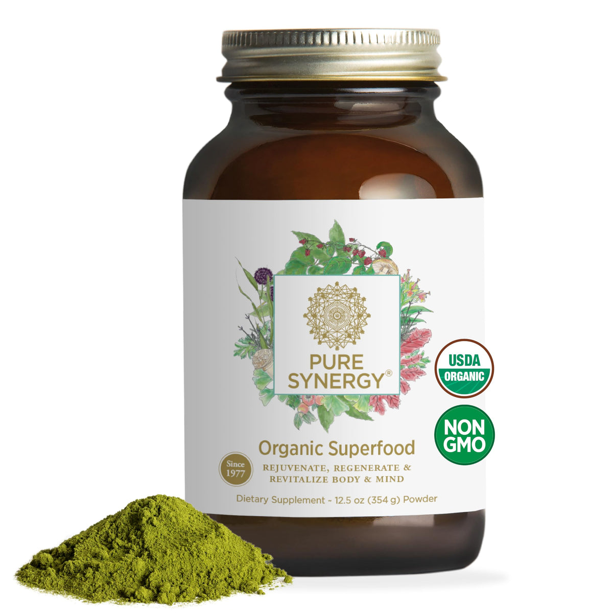 Front view of PURE SYNERGY Organic Superfood Powder jar