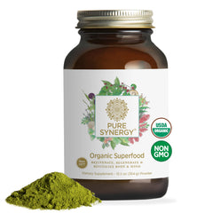 Front view of PURE SYNERGY Organic Superfood Powder jar