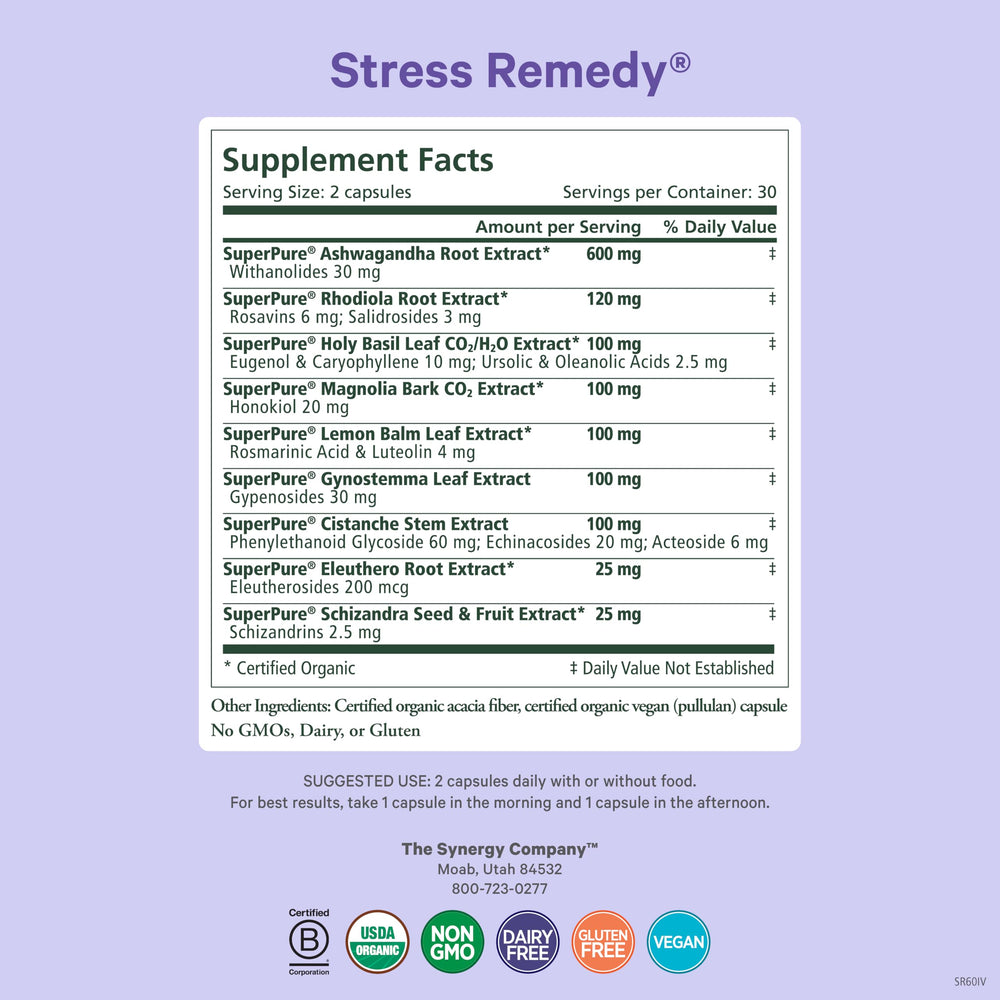 Rhodiola and adaptogens in Pure Synergy Stress Remedy