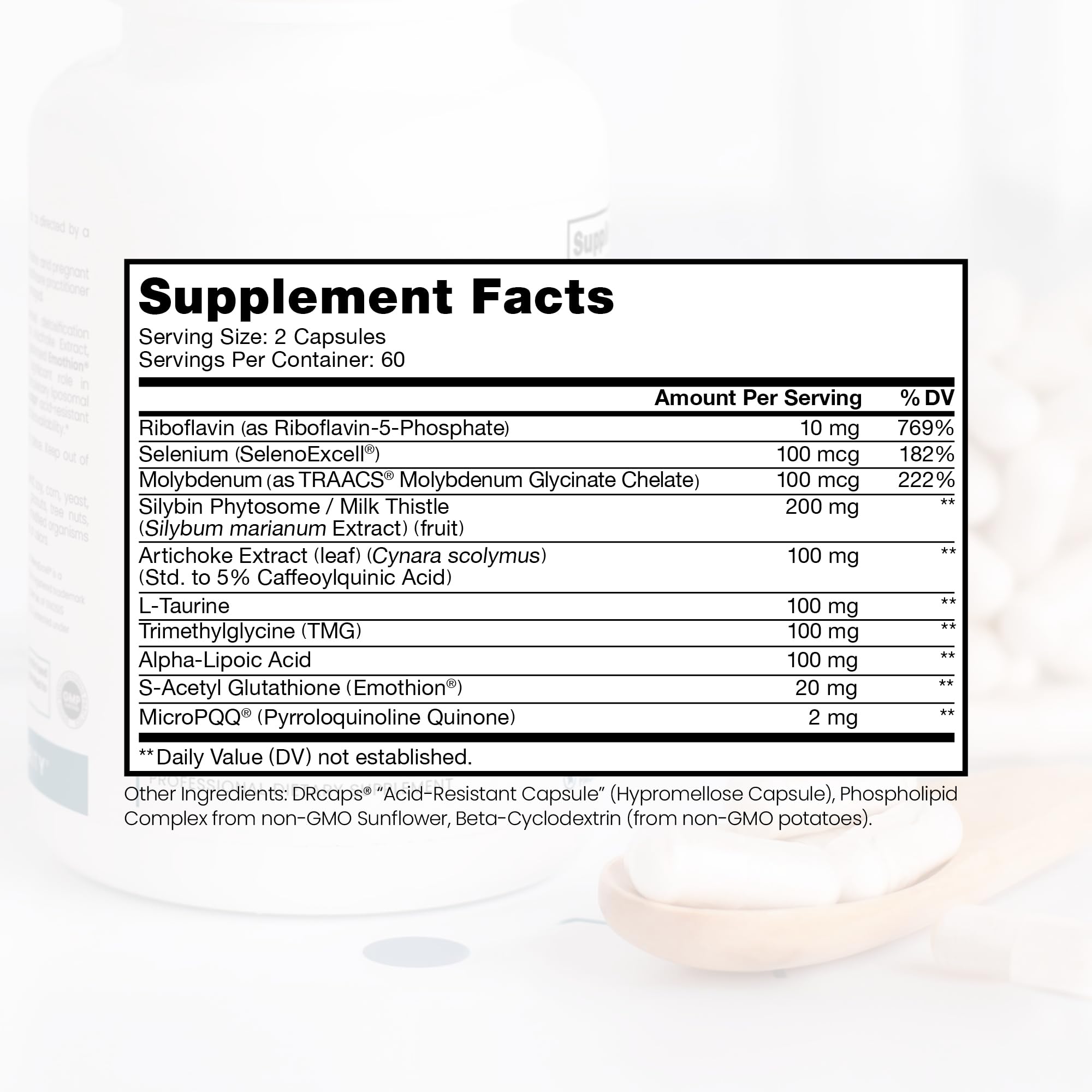 Pure Therapro Rx Liposomal Liver Detox capsules closeup demonstrates 120 acid-resistant VCaps for reliable daily dosing.