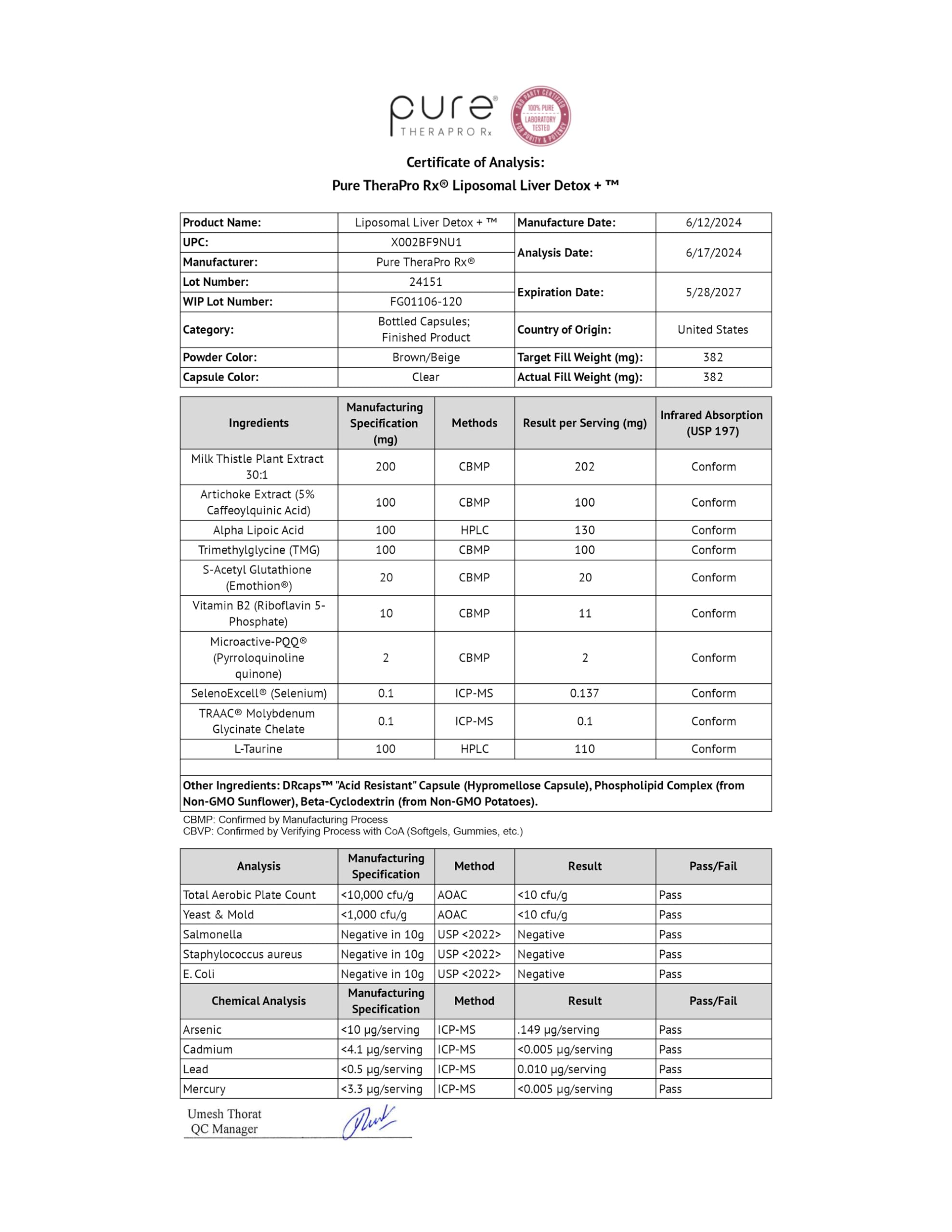 Pure Therapro Rx Liposomal Liver Detox ingredients closeup conveys essential cofactors.