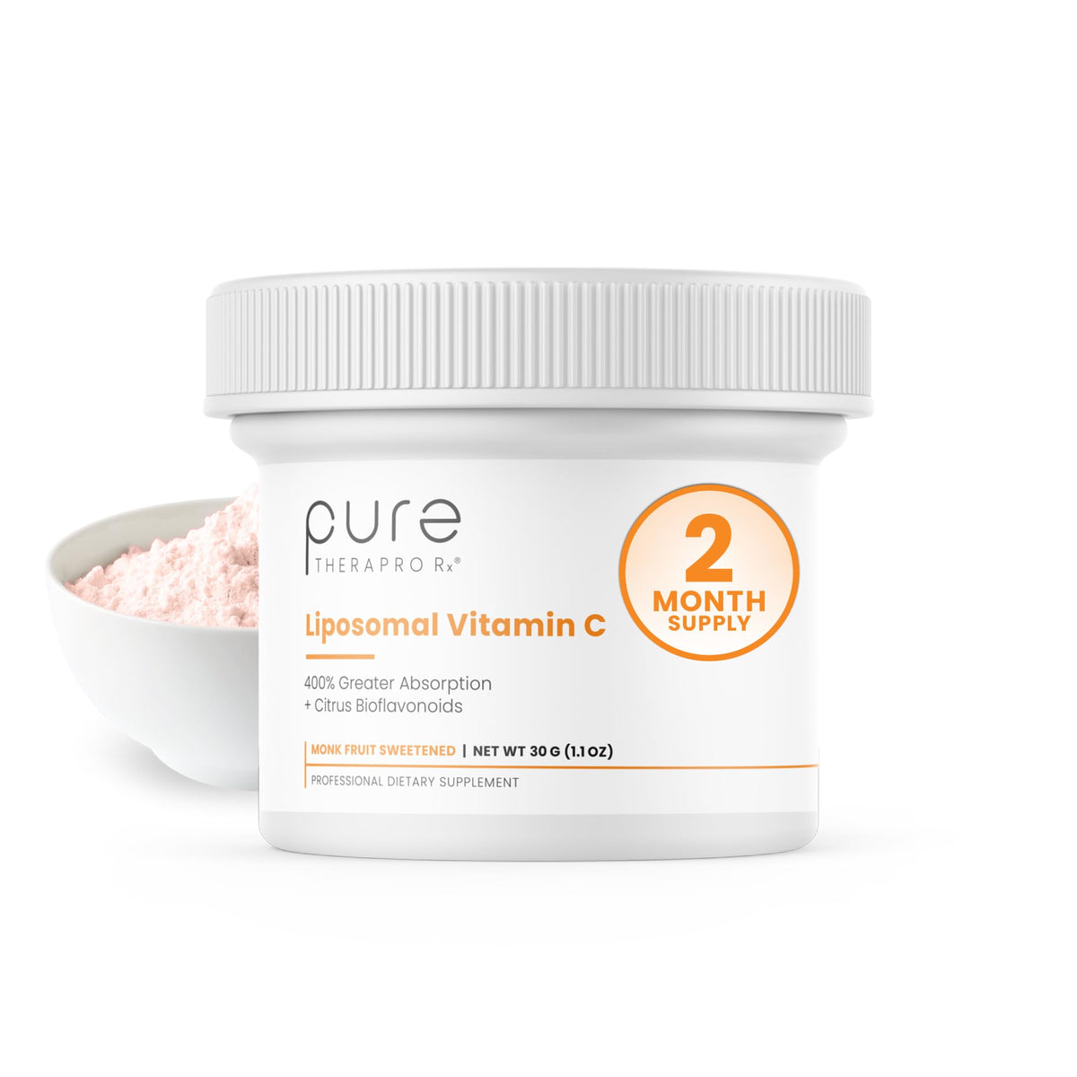 Front view of Pure Therapro Rx Liposomal Vitamin C Powder jar
