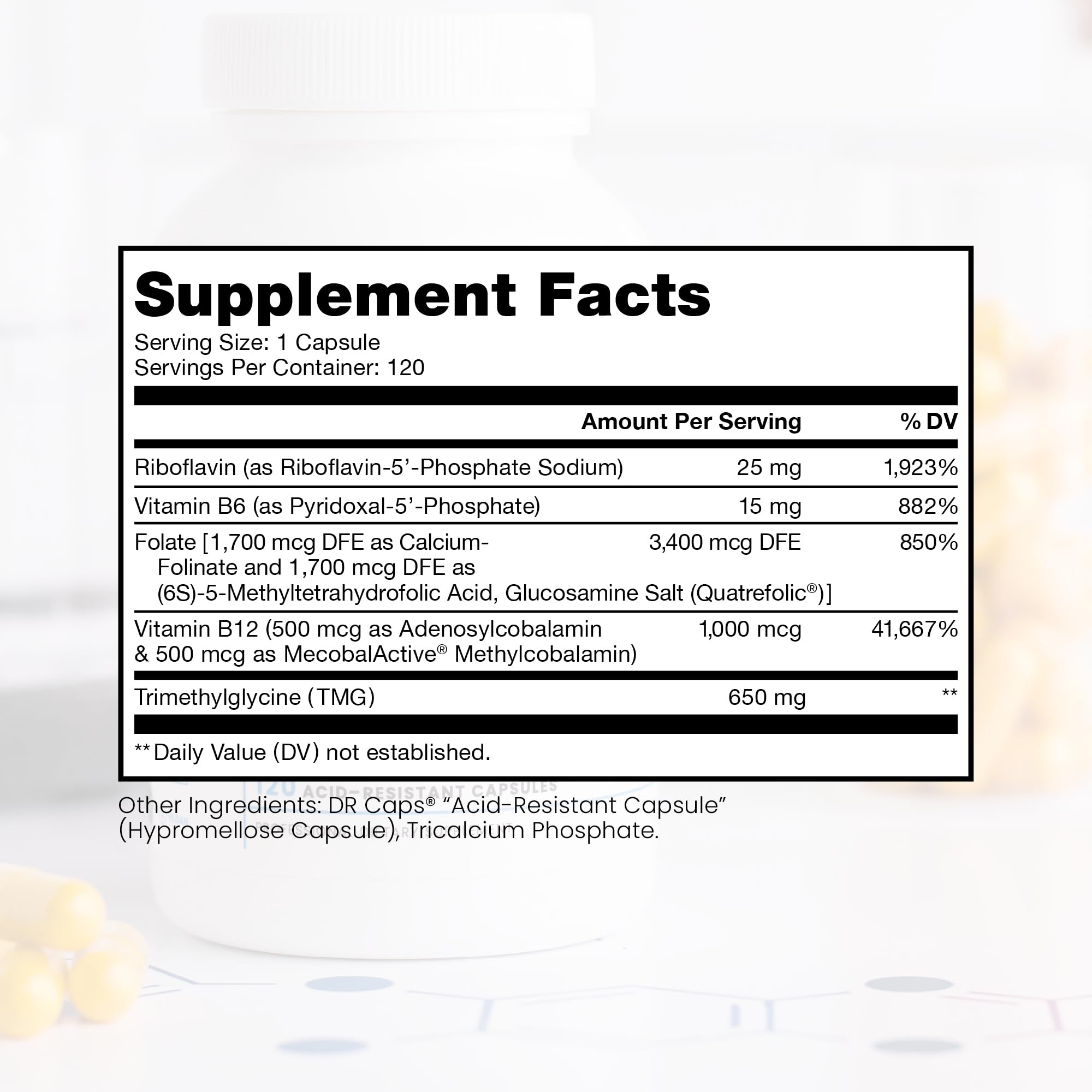 Label close-up highlighting 5-MTHF folate and B12 on bottle