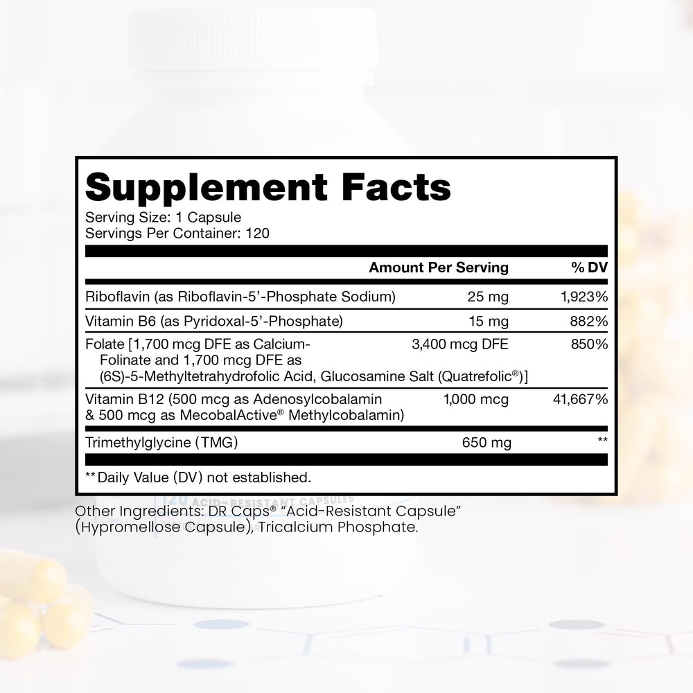 Label close-up highlighting 5-MTHF folate and B12 on bottle