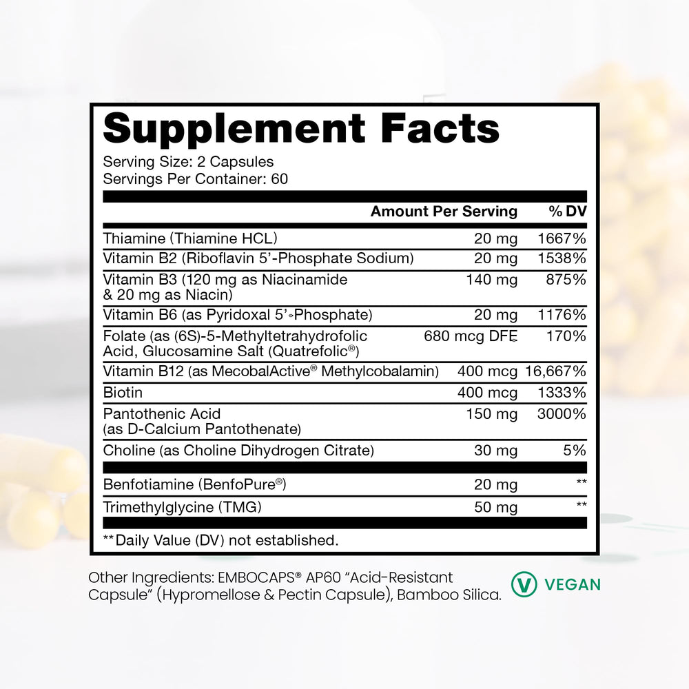 Close-up of Pure TheraPro Rx methylated B vitamins bottle