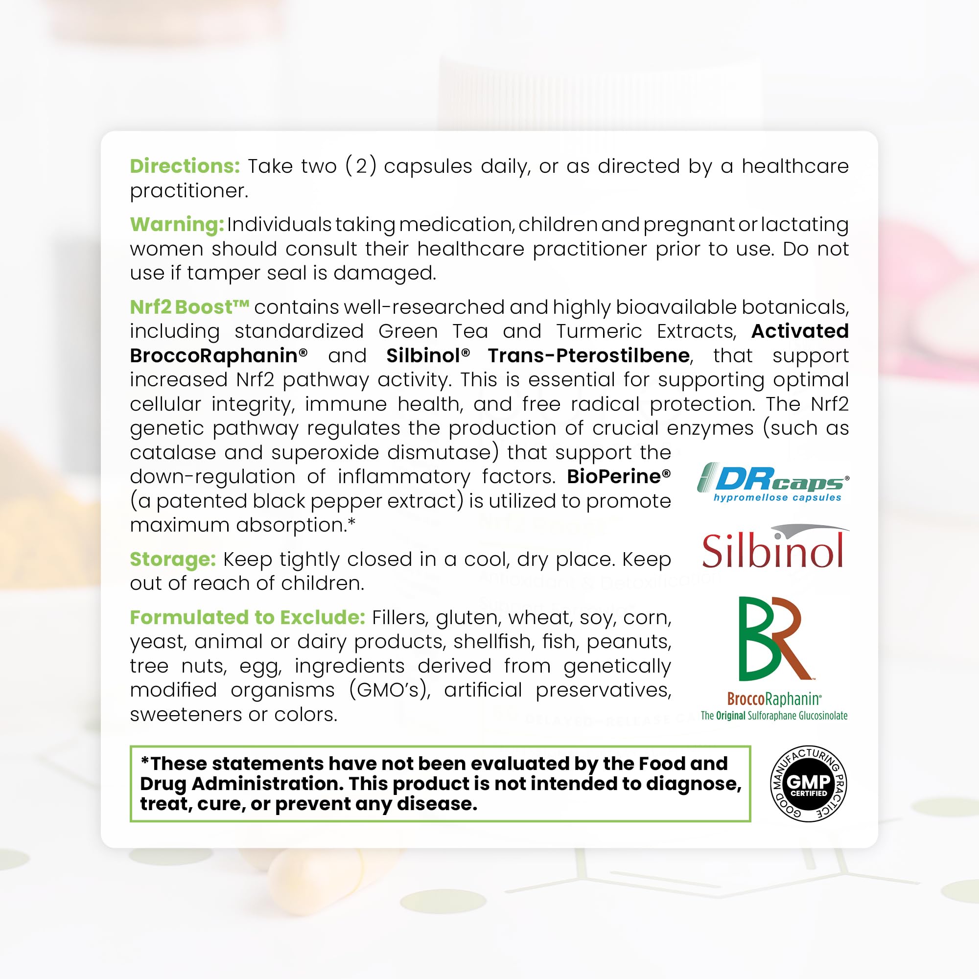 Nrf2 Boost supplement facts panel