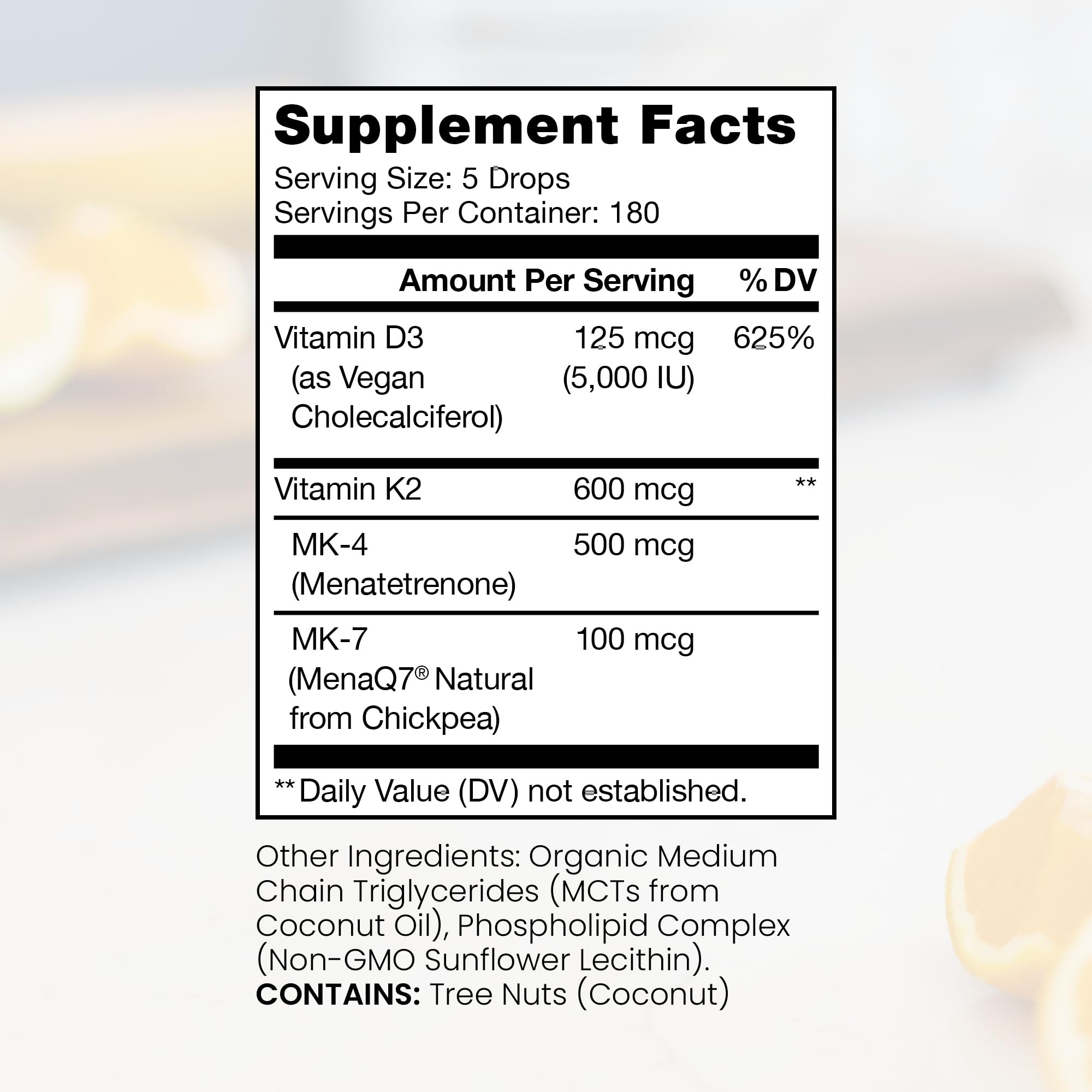 Close-up of liposomal Vitamin D3 and K2 drops in the bottle