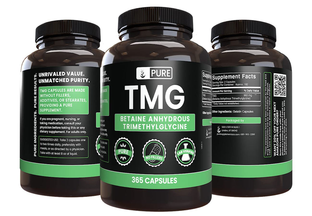 Back view of Pure Original TMG 365 capsules bottle showing supplement facts
