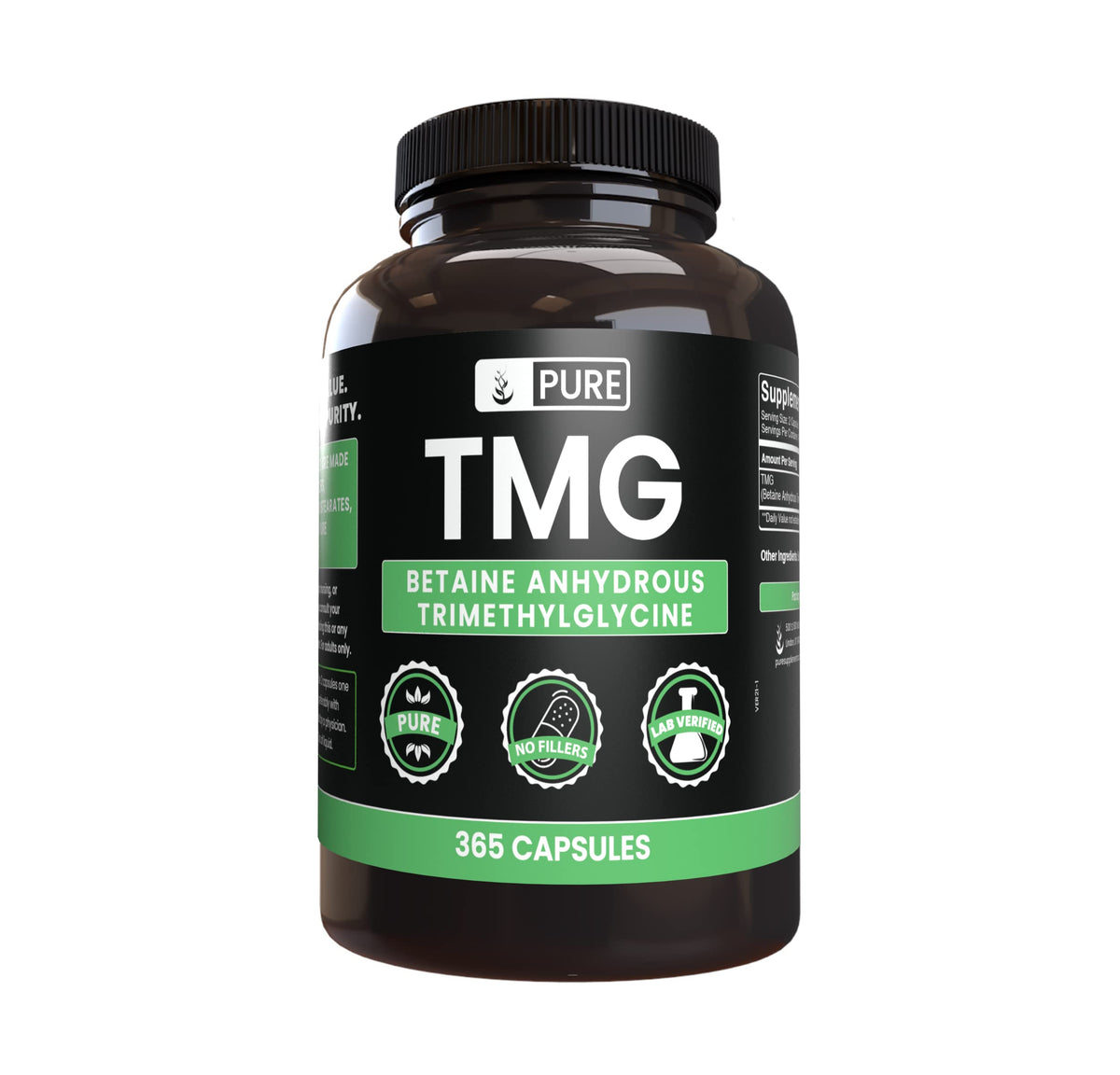 Front view of Pure Original TMG 365 capsules bottle