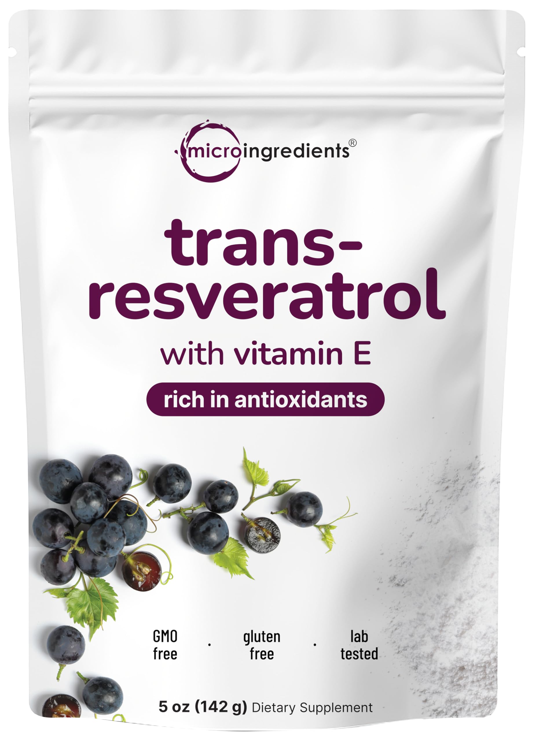 Pure Trans-Resveratrol Powder with Vitamin E in a 5 oz container