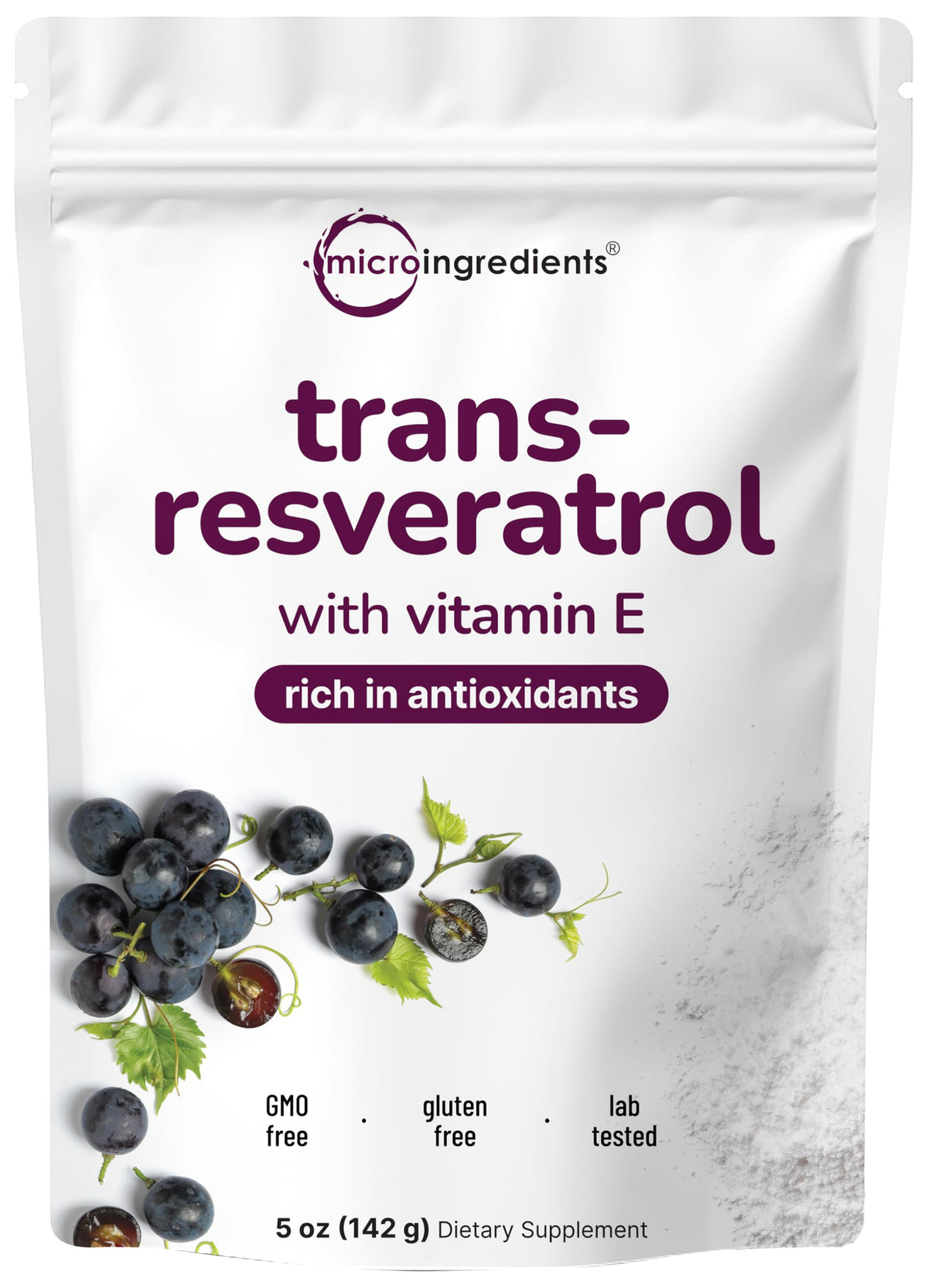 Pure Trans-Resveratrol Powder with Vitamin E in a 5 oz container
