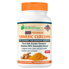 Front view of Pure USA Grown Turmeric Curcumin bottle with BioPerine