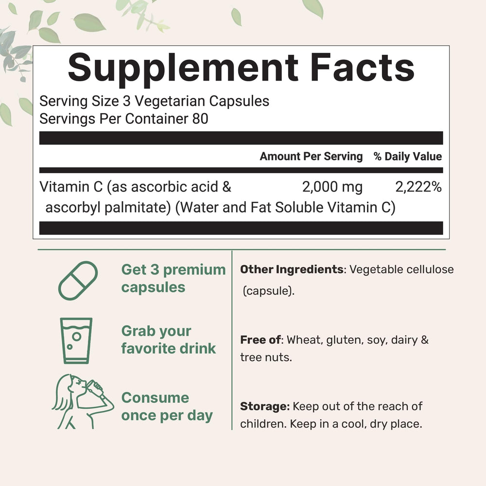 Close-up of serving size showing 3 capsules and 2000mg Vitamin C