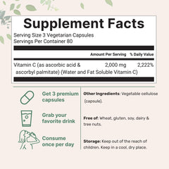Close-up of serving size showing 3 capsules and 2000mg Vitamin C